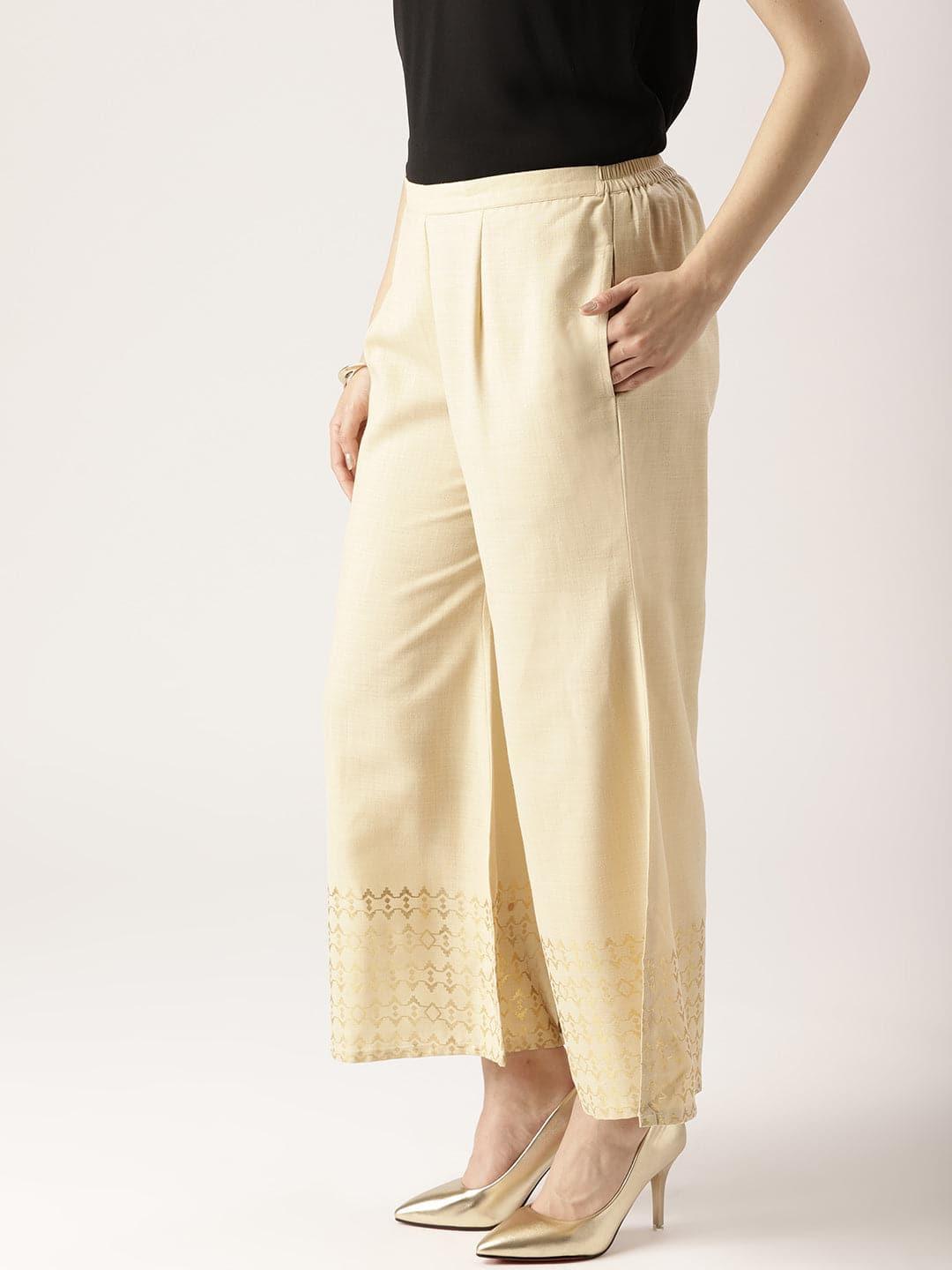 Beige Solid Cotton Palazzos - ShopLibas