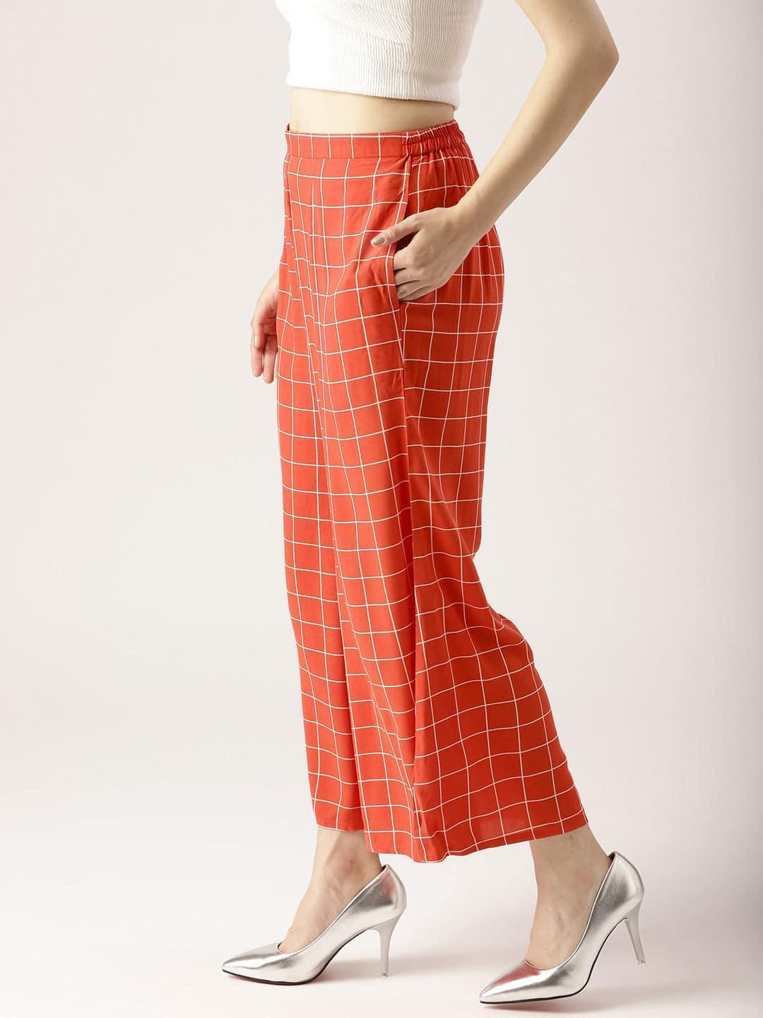 Red Checkered Rayon Palazzos - ShopLibas