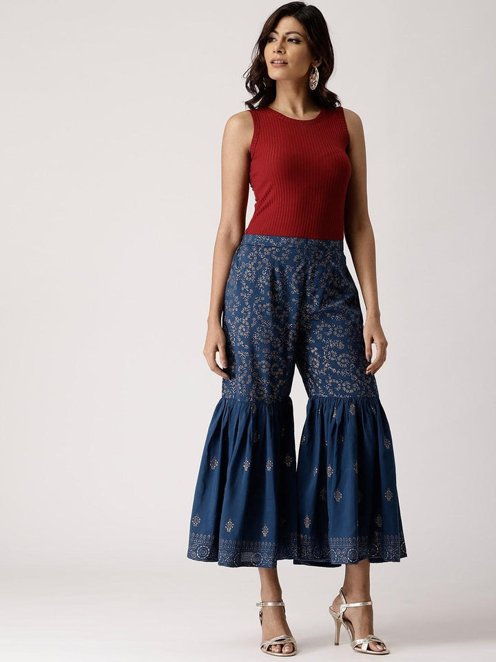 Blue Printed Rayon Sharara Pants