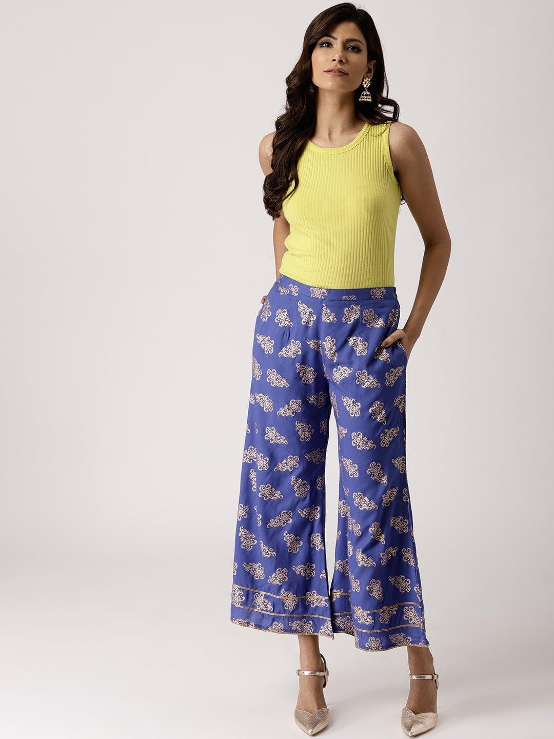 Blue Printed Rayon Palazzos - ShopLibas