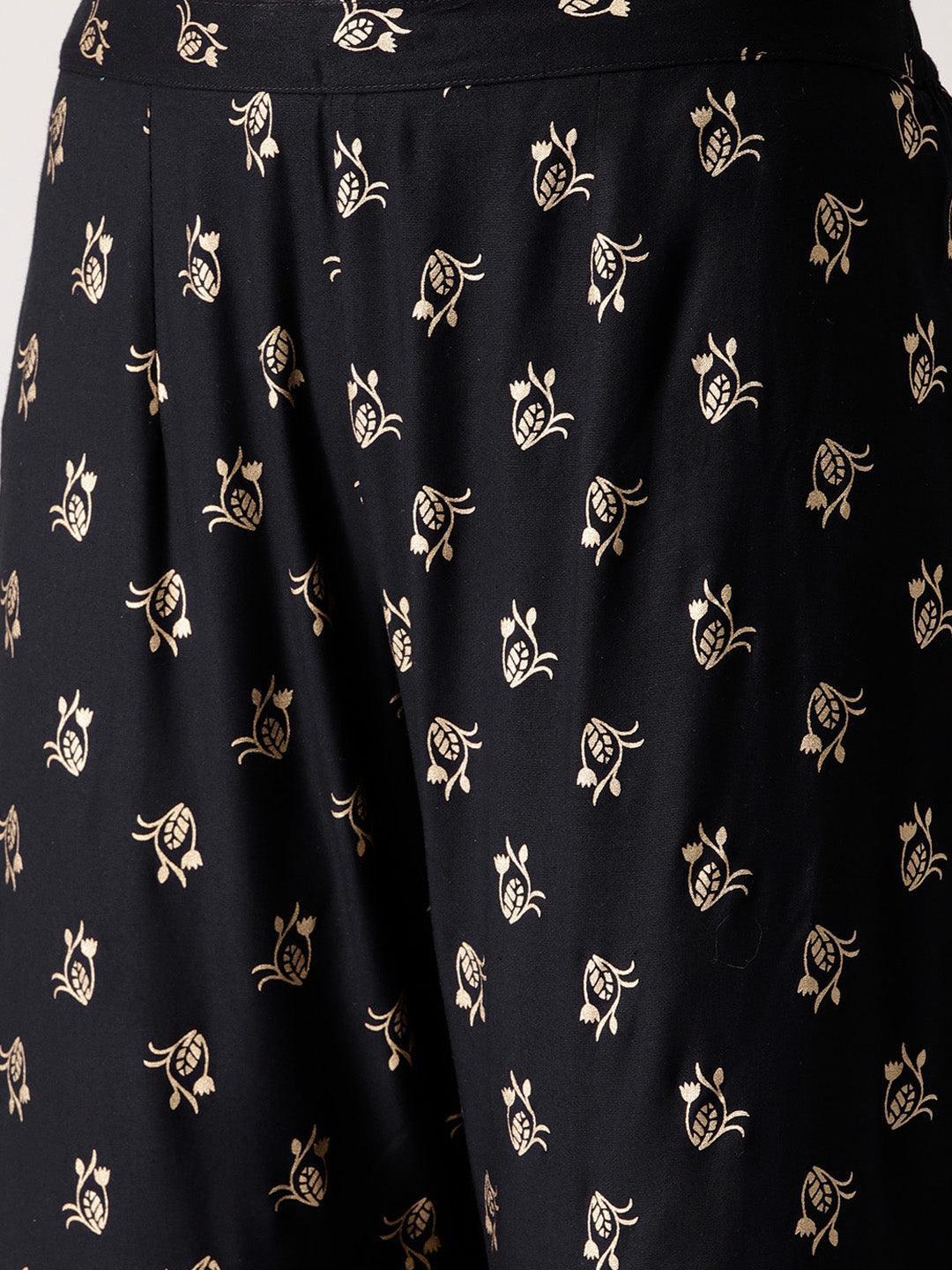 Black Printed Rayon Sharara Pants - ShopLibas