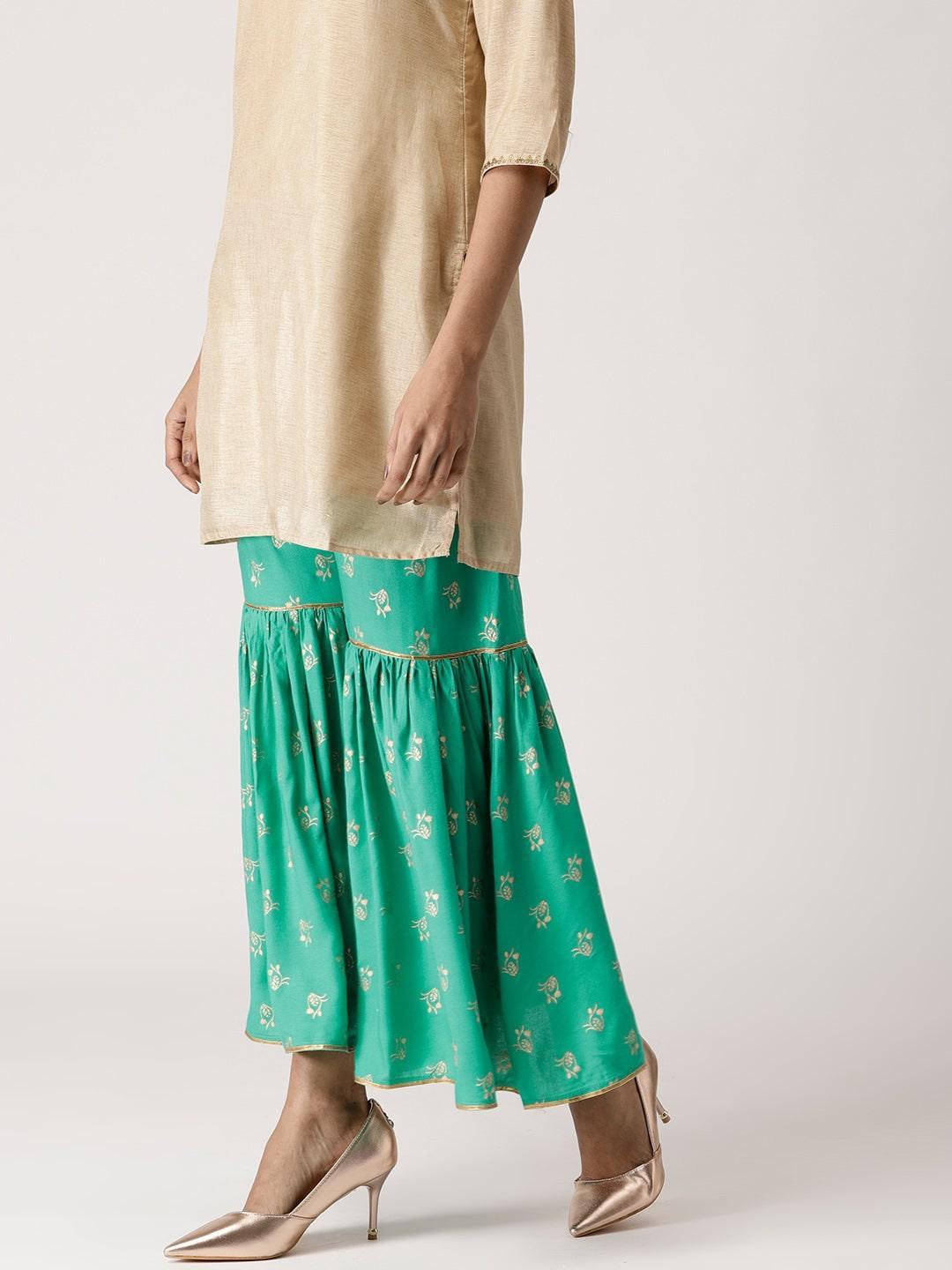 Green Printed Rayon Sharara Pants - ShopLibas