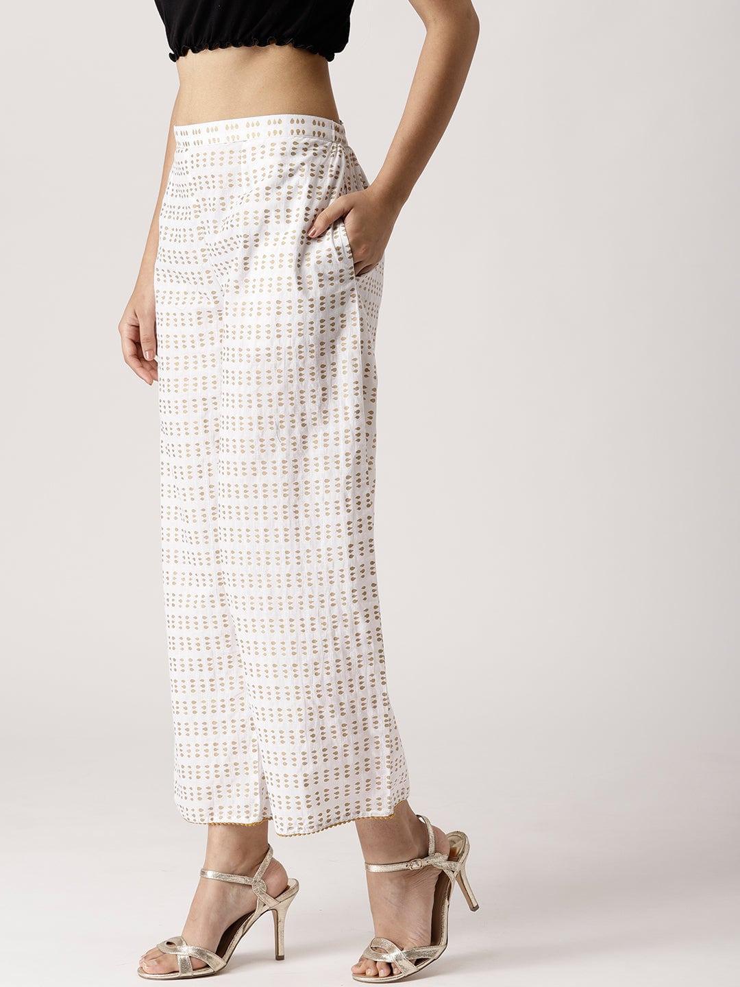 White Abstract Cotton Palazzos - ShopLibas