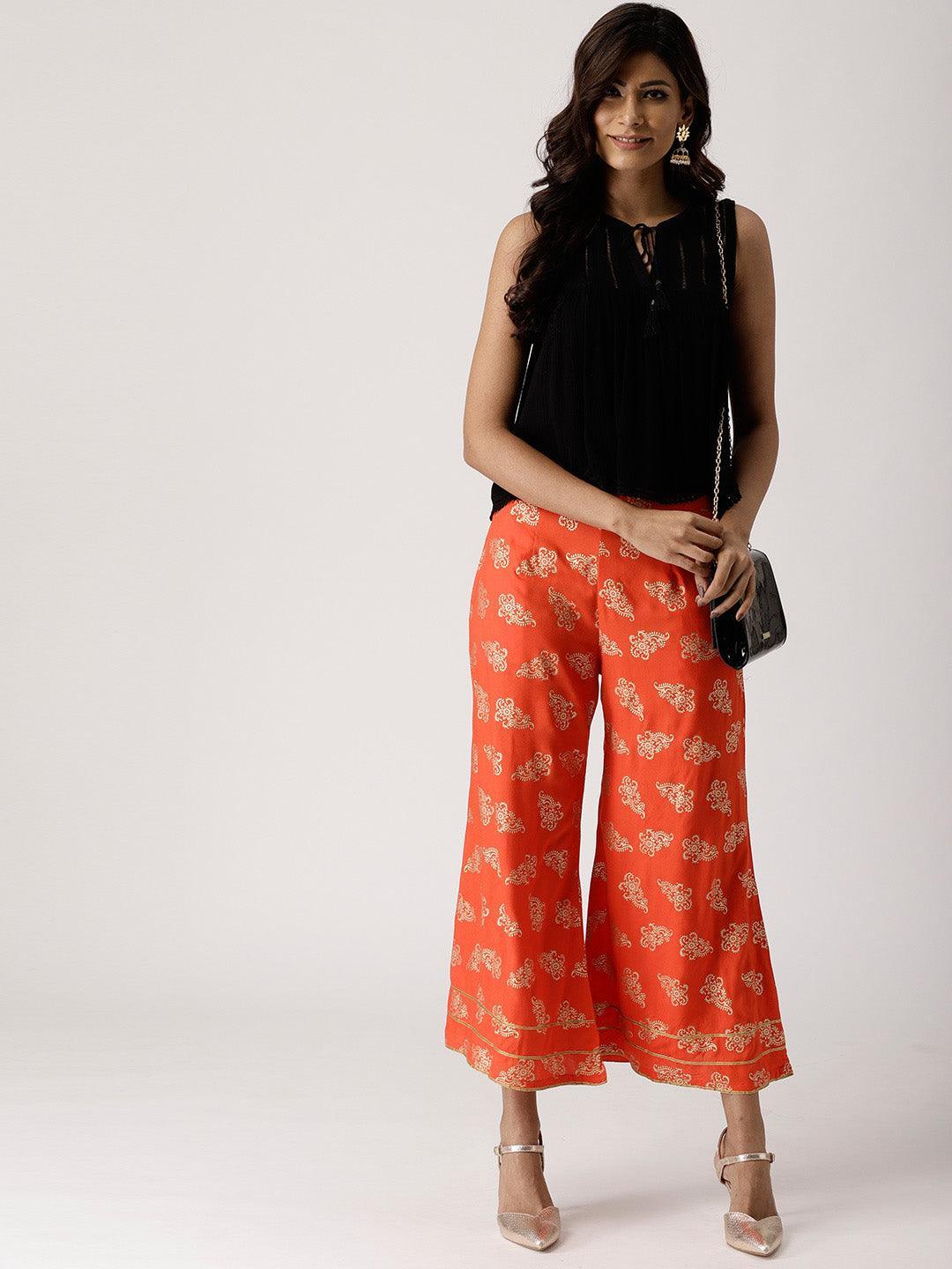 Orange Printed Rayon Palazzos - ShopLibas