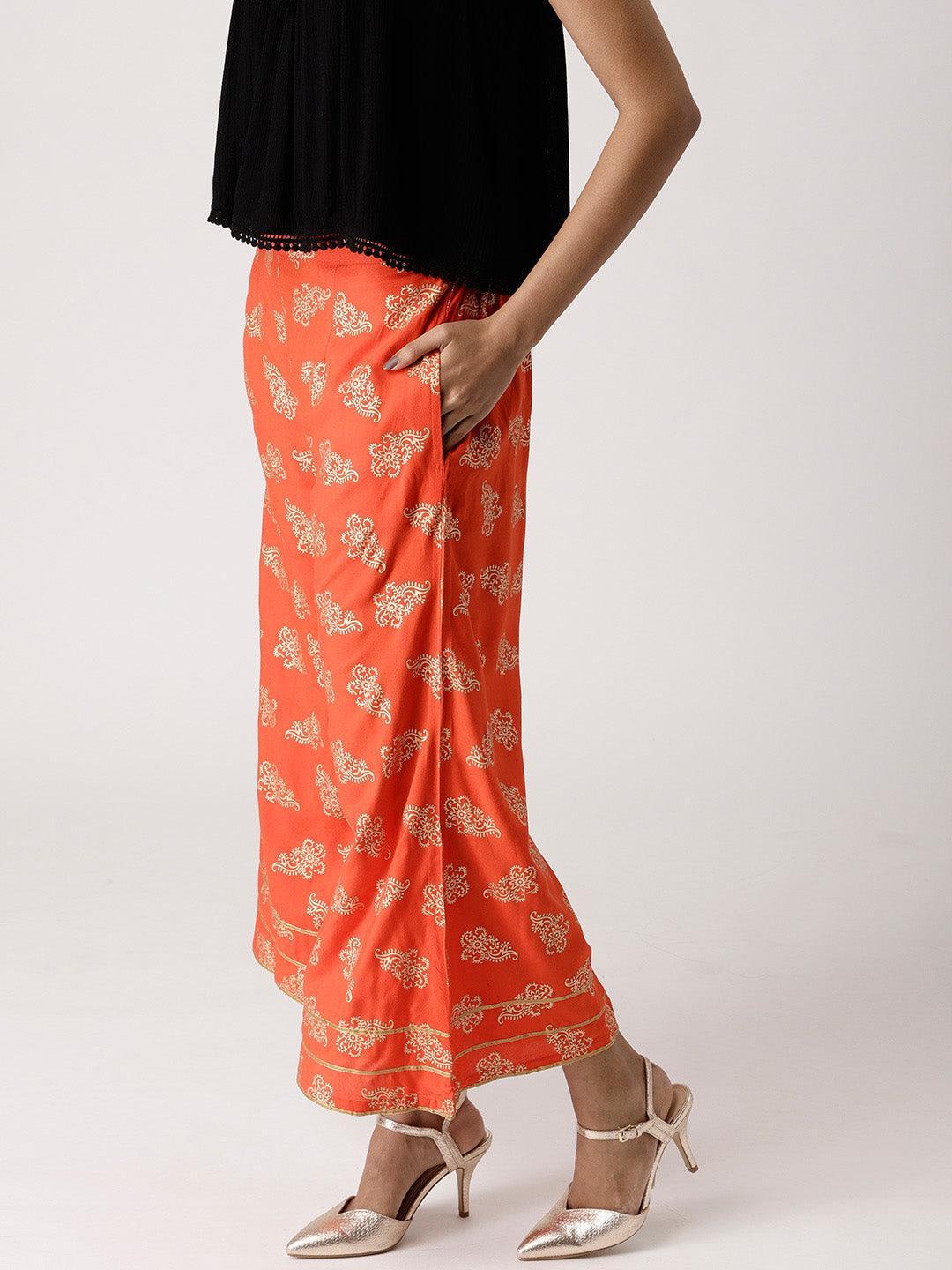 Orange Printed Rayon Palazzos - ShopLibas
