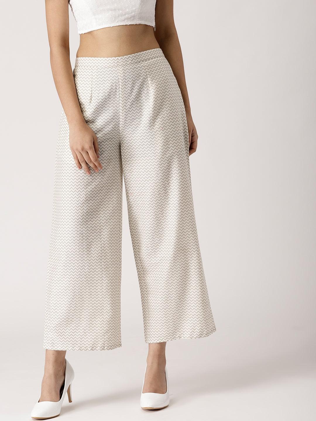 White Abstract Cotton Palazzos - ShopLibas