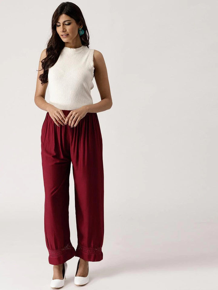 Maroon Solid Rayon Palazzos