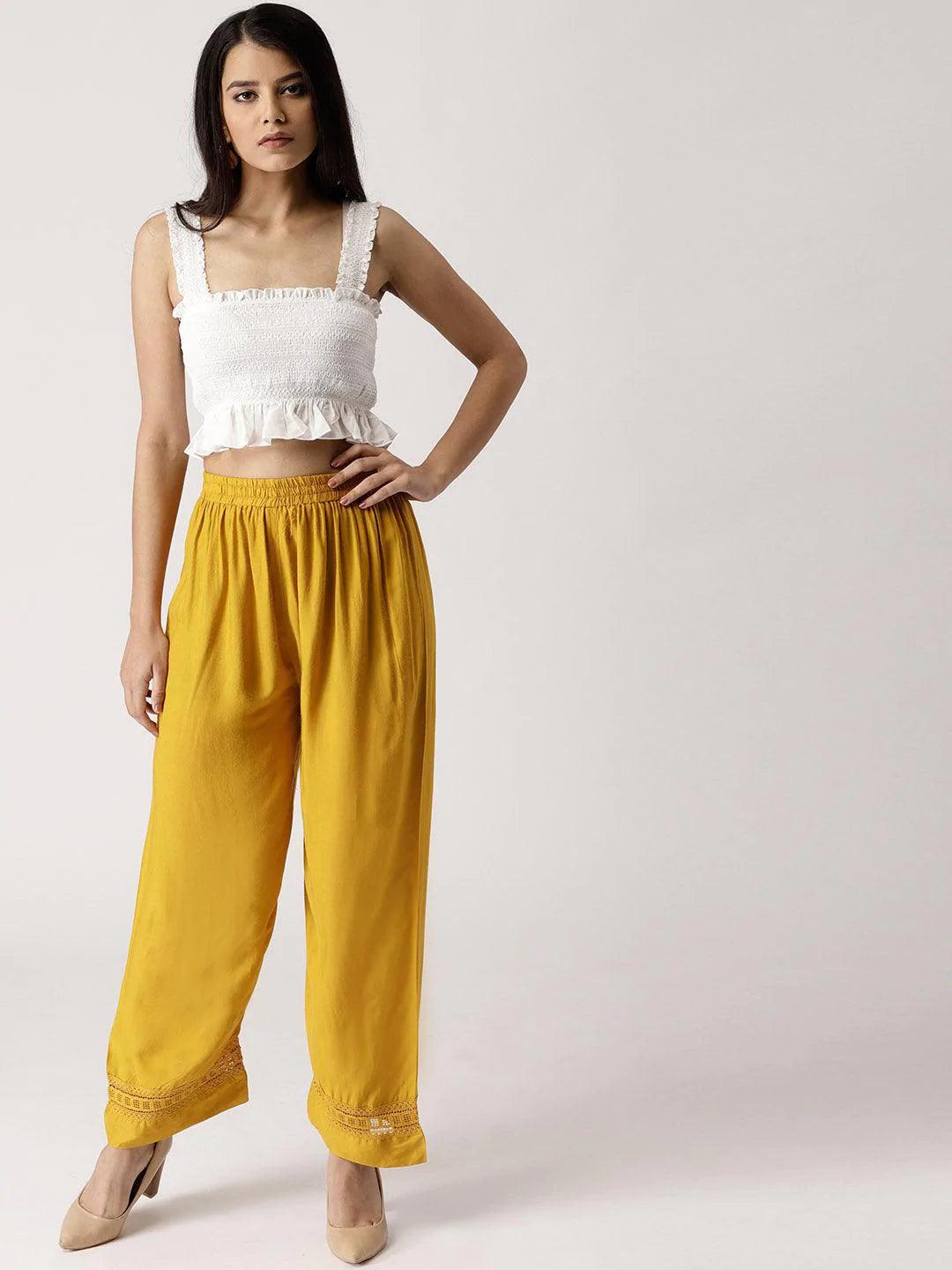 Yellow Solid Rayon Palazzos - ShopLibas