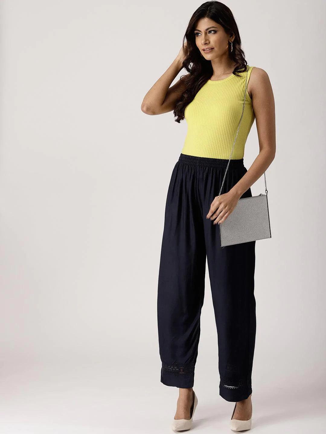 Blue Solid Rayon Palazzos - ShopLibas