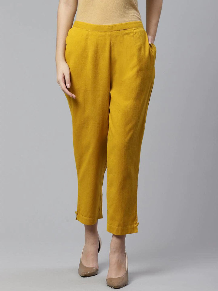 Yellow Solid Cotton Trousers