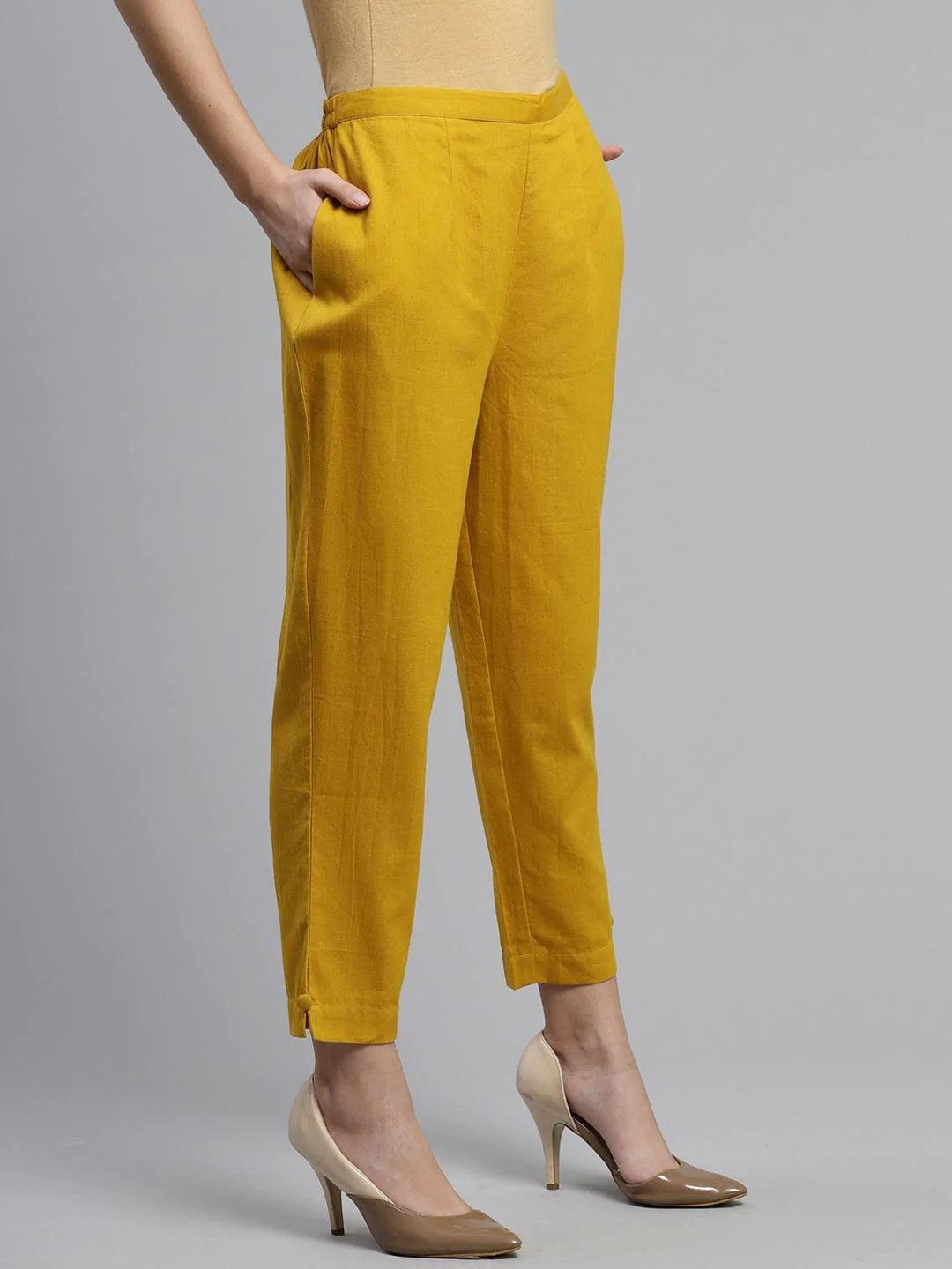 Yellow Solid Cotton Trousers - ShopLibas
