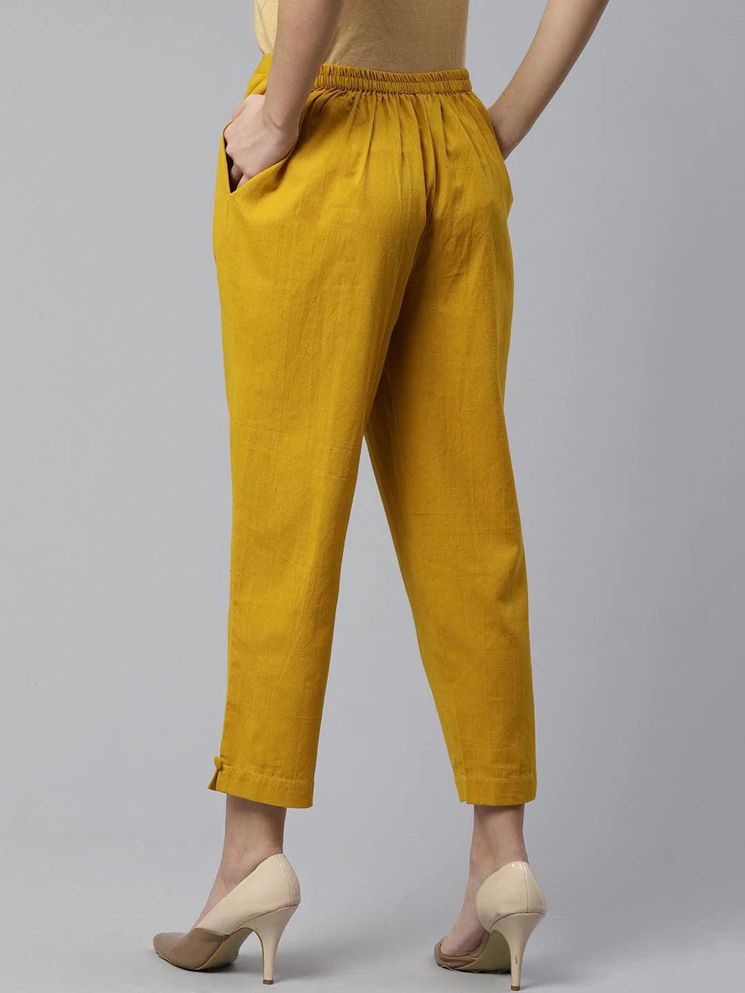 Yellow Solid Cotton Trousers - ShopLibas