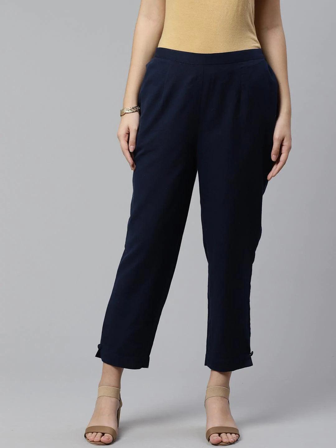 Blue Solid Cotton Trousers - ShopLibas