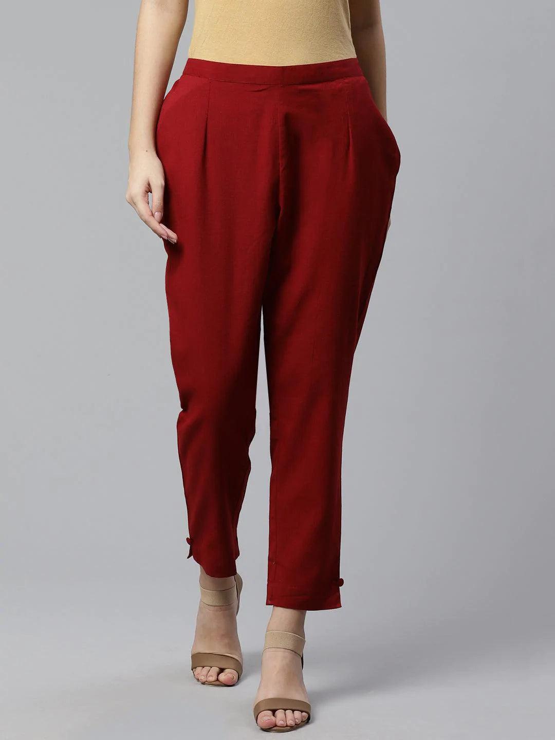 Maroon Solid Cotton Trousers - ShopLibas