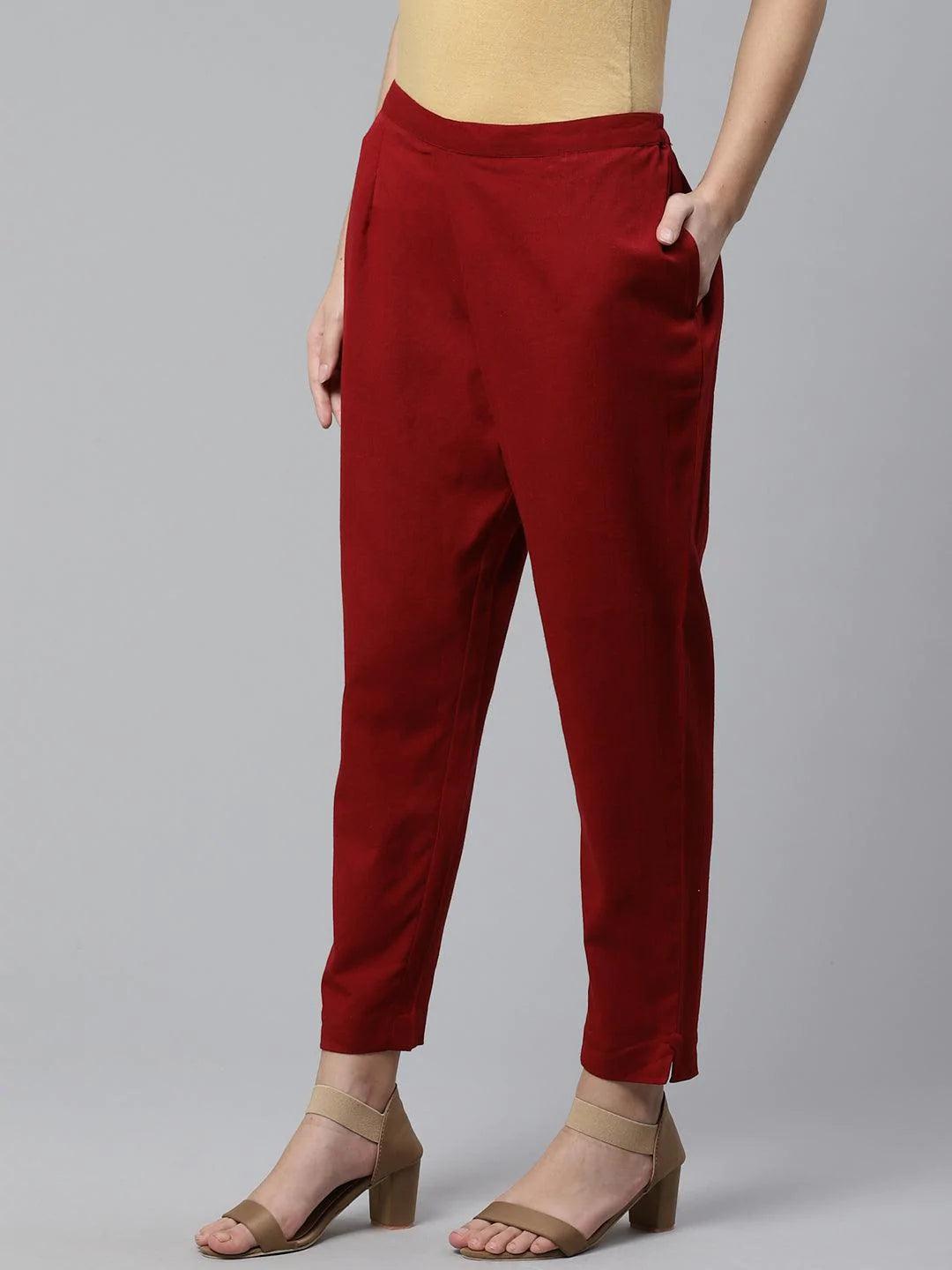 Maroon Solid Cotton Trousers - ShopLibas