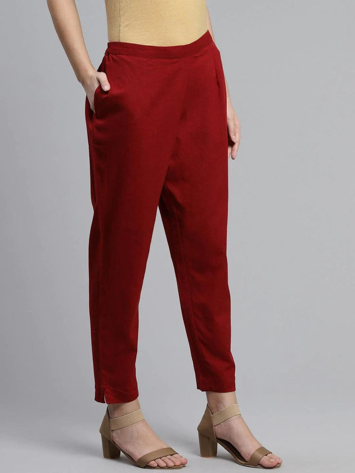 Maroon Solid Cotton Trousers