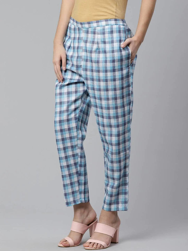 Blue Checkered Cotton Trousers