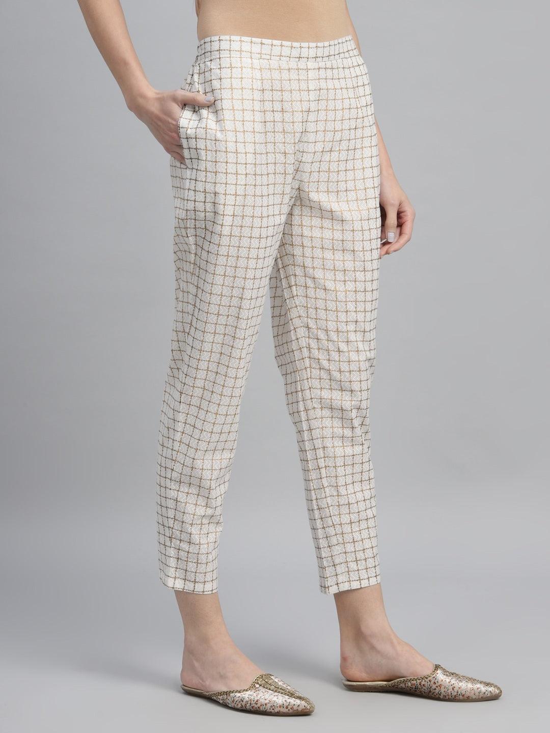 White Checkered Cotton Trousers - ShopLibas