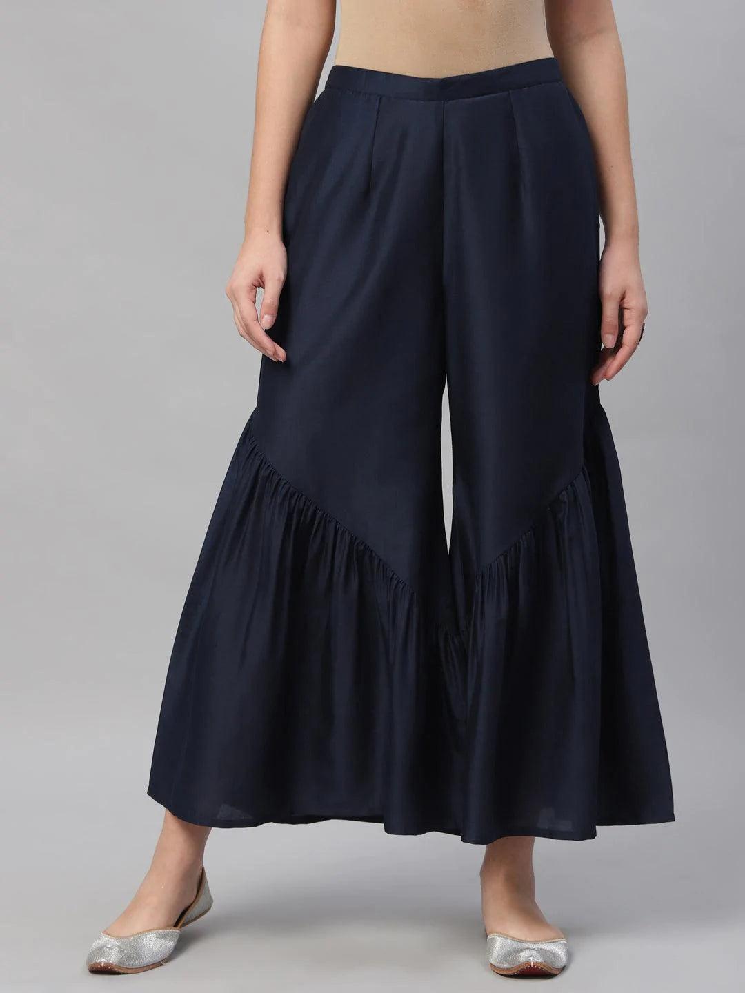 Navy Blue Solid Polyester Sharara Pants - ShopLibas