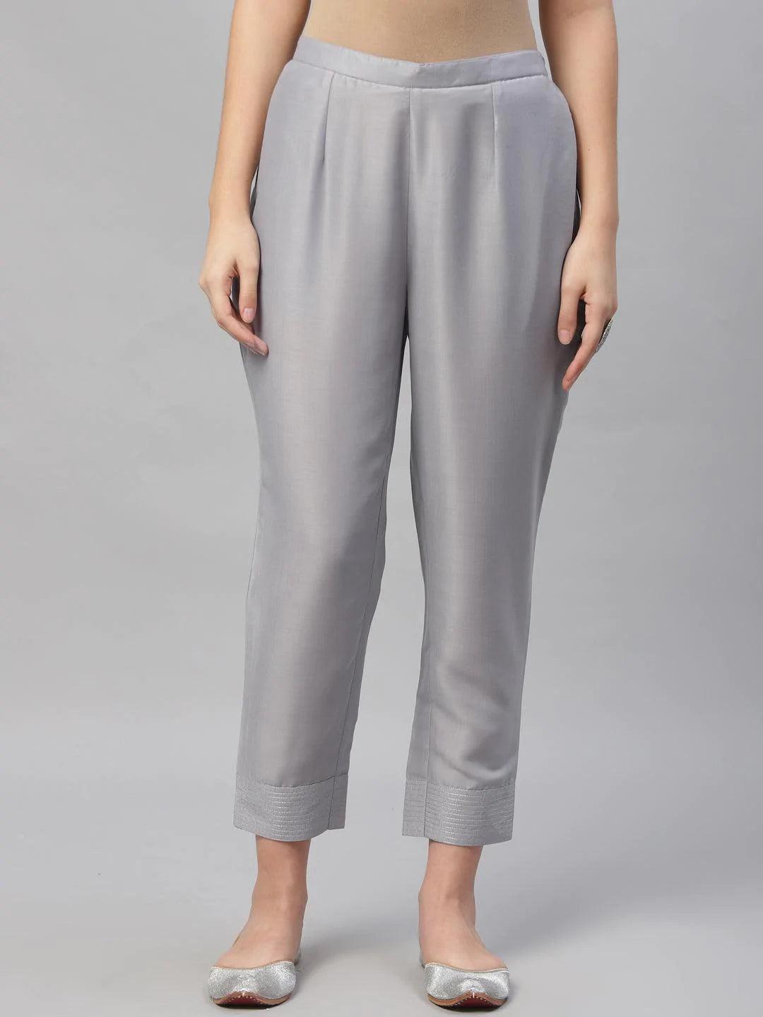 Grey Solid Crepe Trousers - ShopLibas