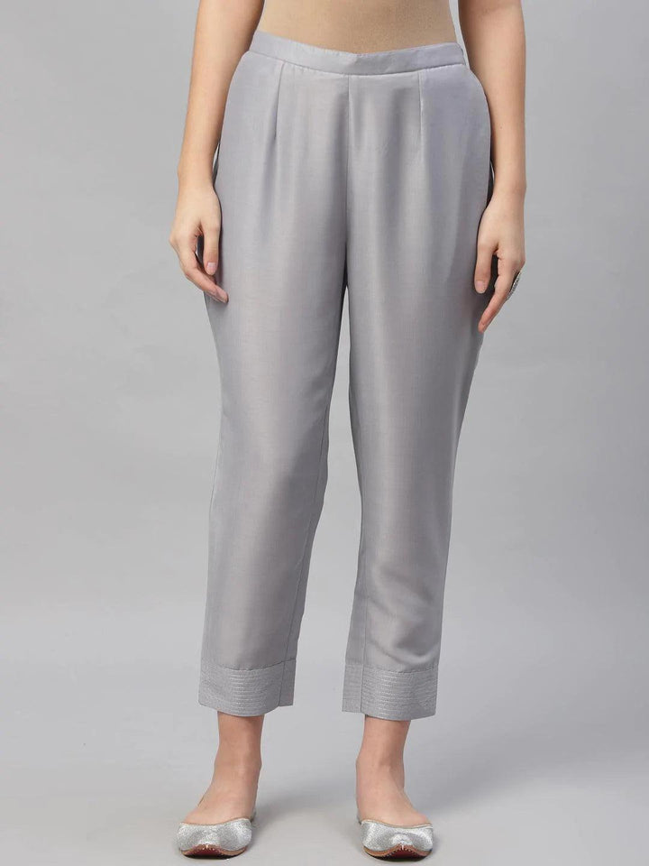 Grey Solid Crepe Trousers