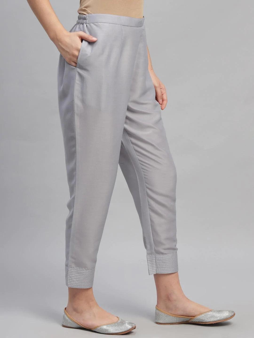 Grey Solid Crepe Trousers - ShopLibas