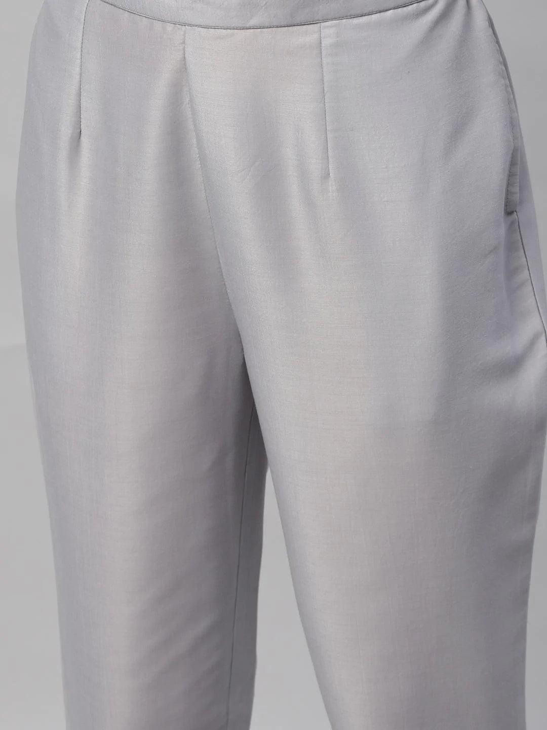 Grey Solid Crepe Trousers - ShopLibas