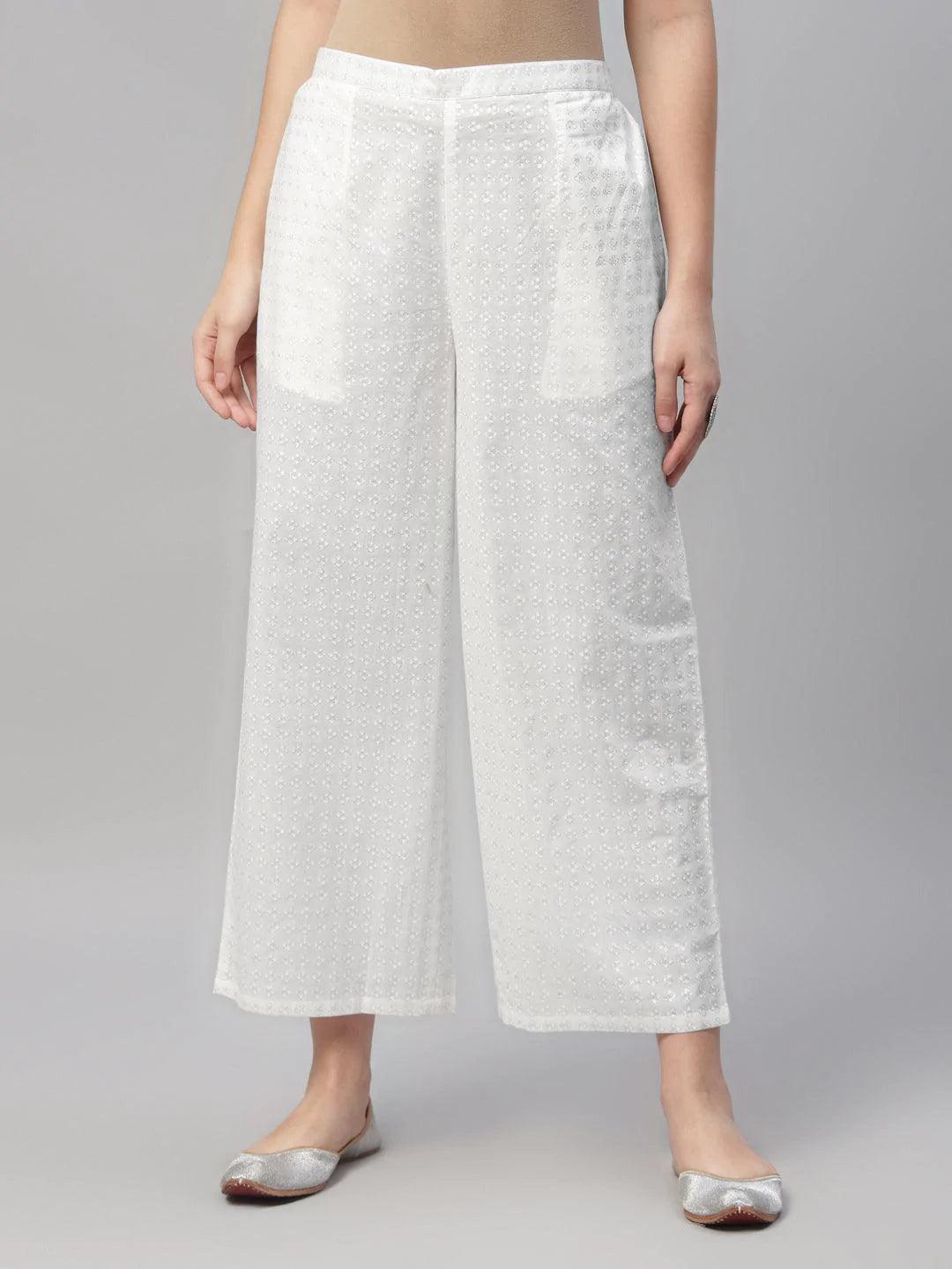 White Printed Cotton Palazzos - ShopLibas