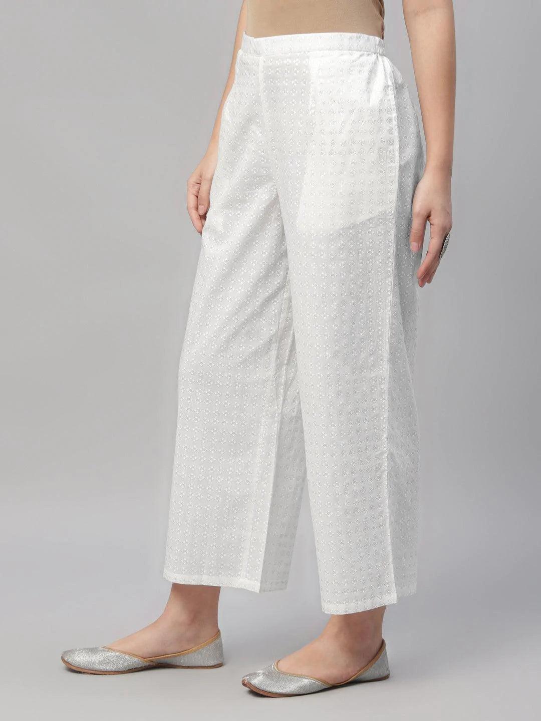 White Printed Cotton Palazzos - ShopLibas