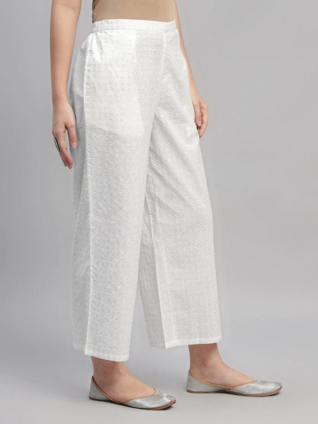 White Printed Cotton Palazzos - ShopLibas