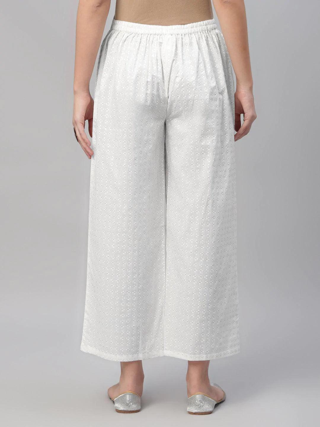 White Printed Cotton Palazzos - ShopLibas