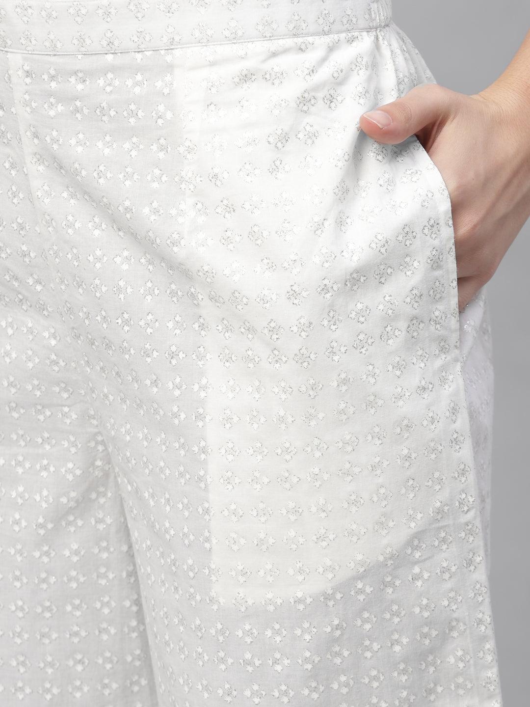 White Printed Cotton Palazzos - ShopLibas