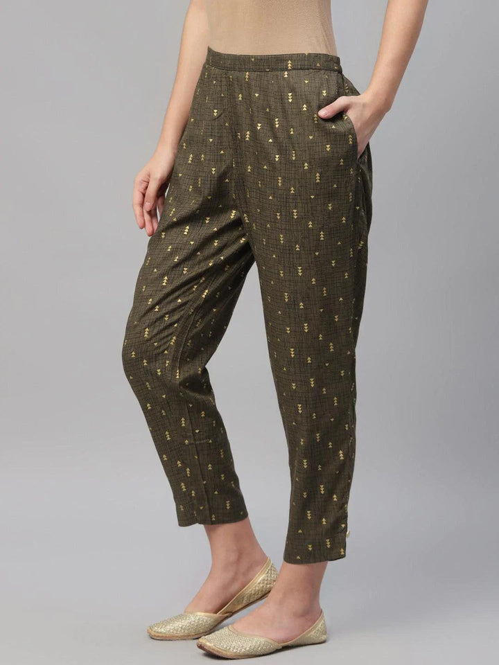 Olive Green Printed Cotton Trousers