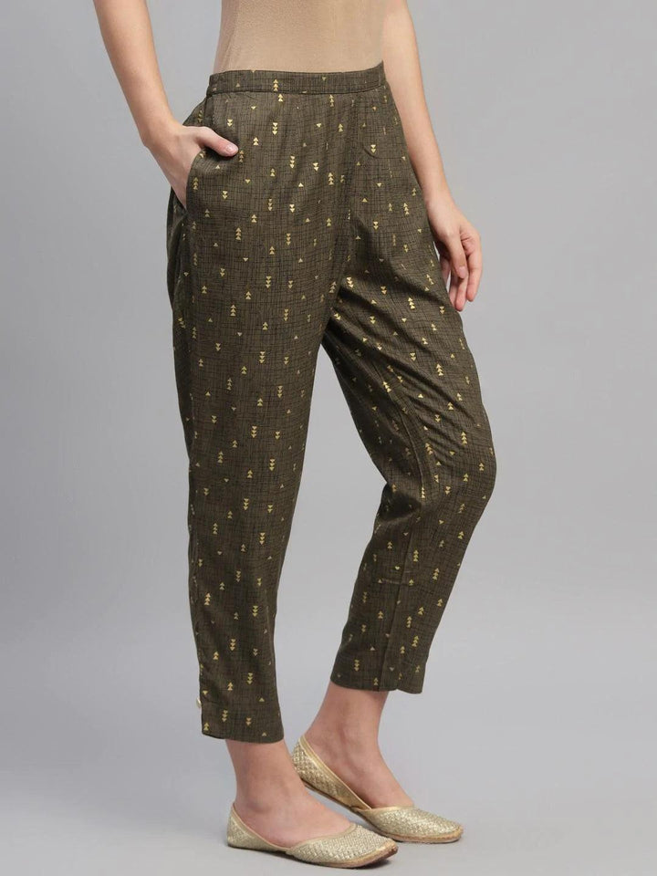 Olive Green Printed Cotton Trousers