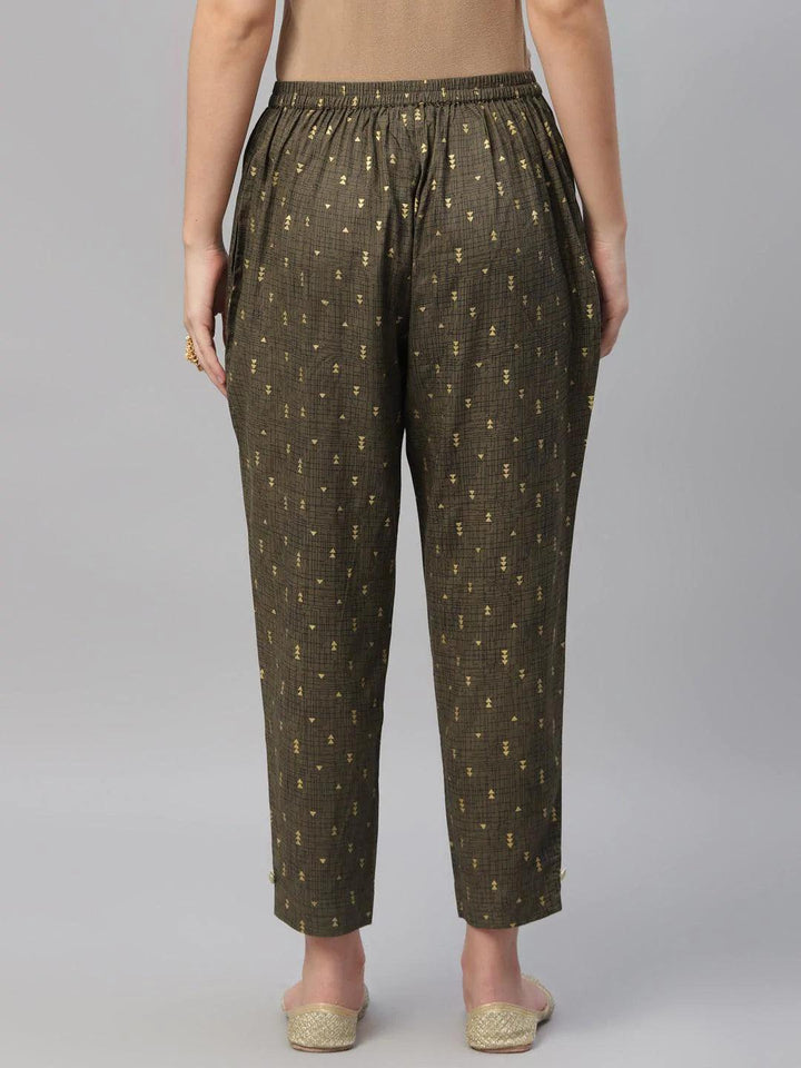 Olive Green Printed Cotton Trousers