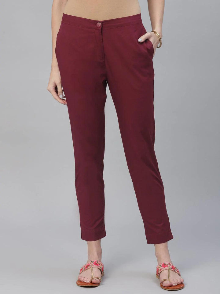 Maroon Solid Cotton Trousers