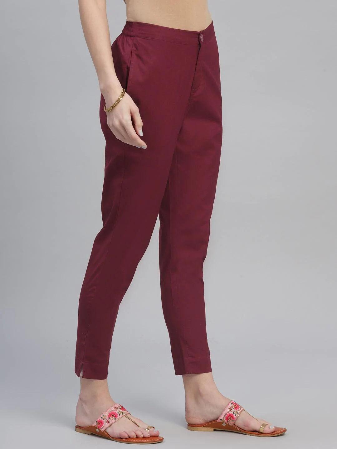 Maroon Solid Cotton Trousers - ShopLibas