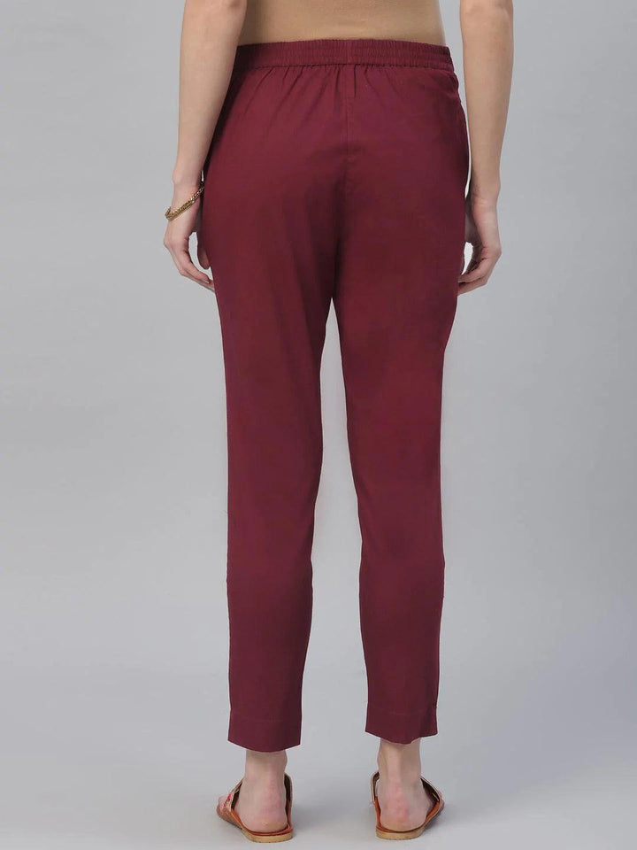Maroon Solid Cotton Trousers