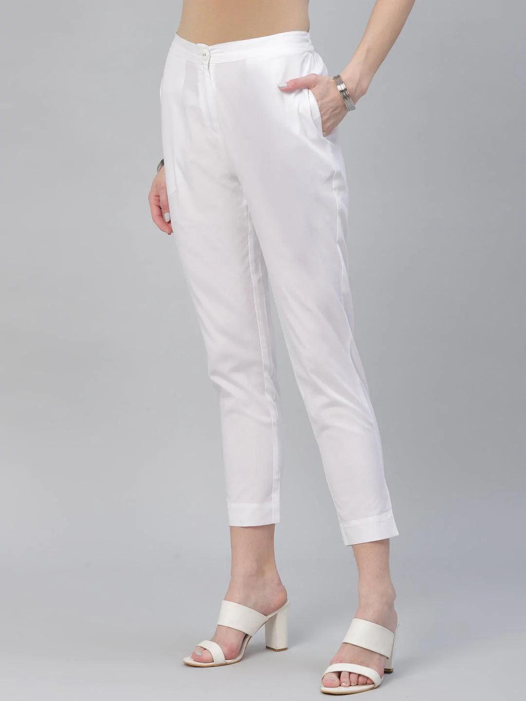 White Solid Cotton Trousers - ShopLibas