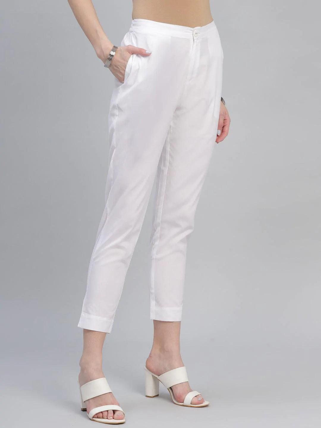 White Solid Cotton Trousers - ShopLibas