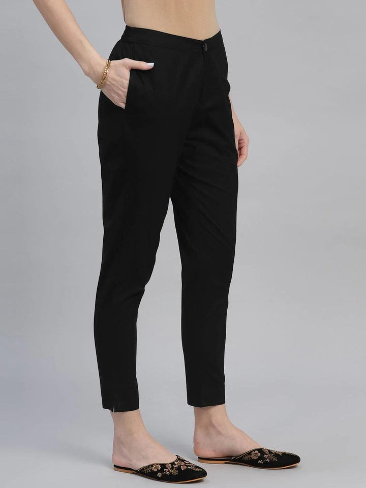 Black Solid Cotton Trousers