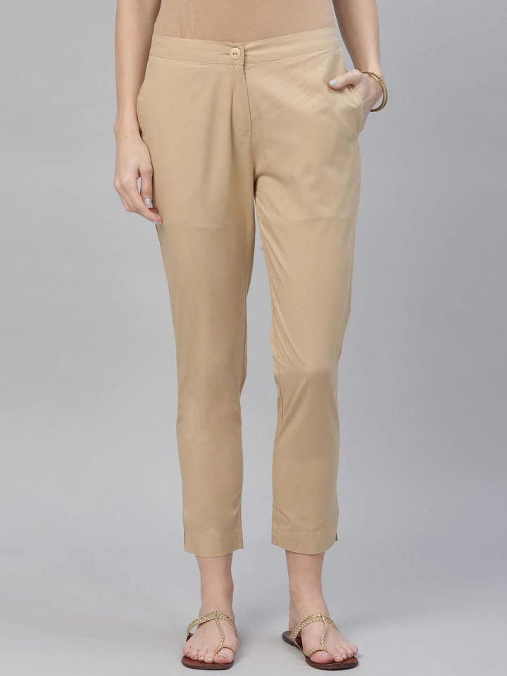 Beige Solid Cotton Trousers