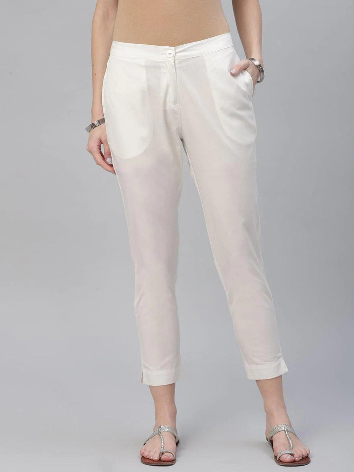 Cream Solid Cotton Trousers