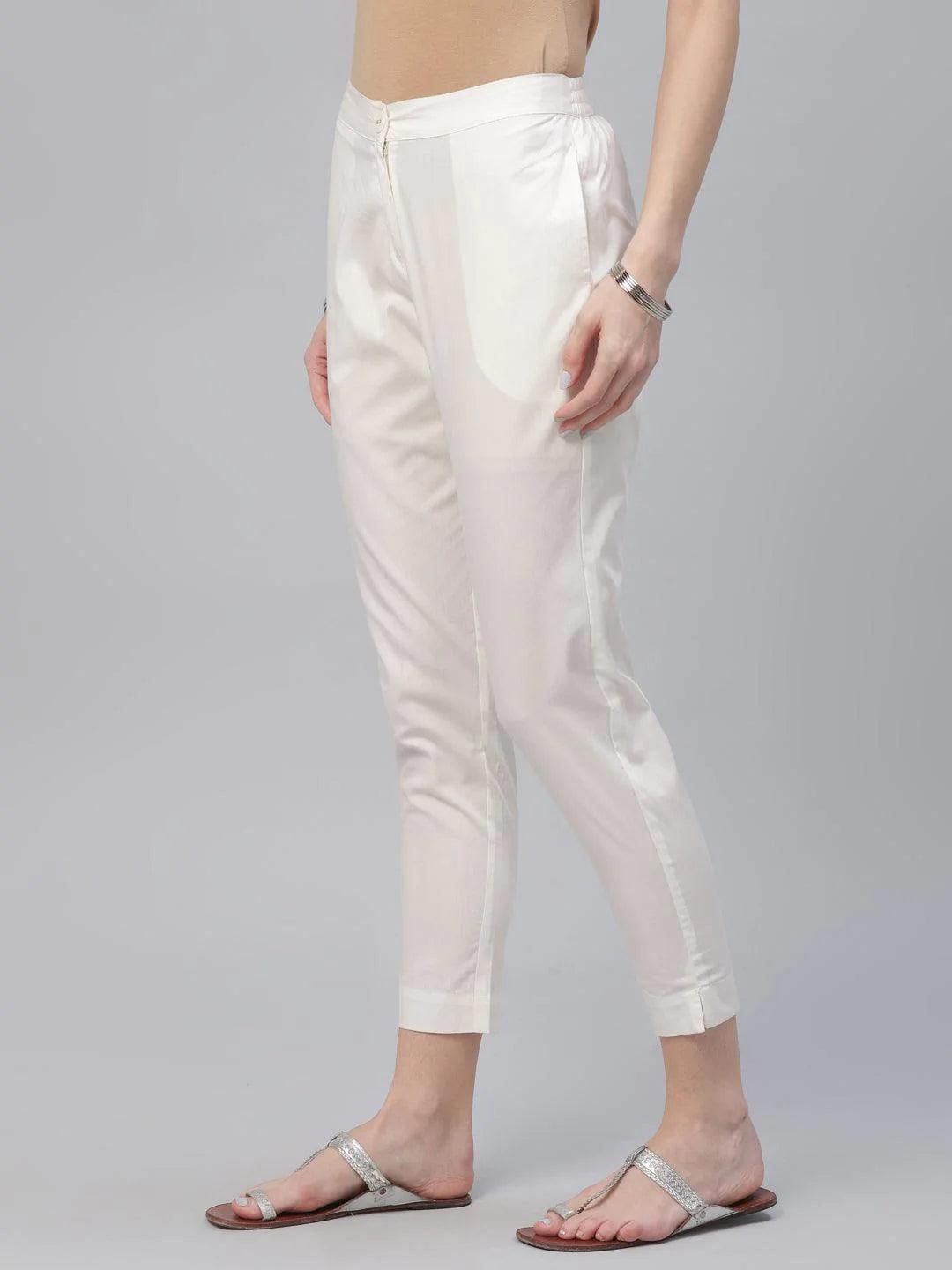 Cream Solid Cotton Trousers - ShopLibas