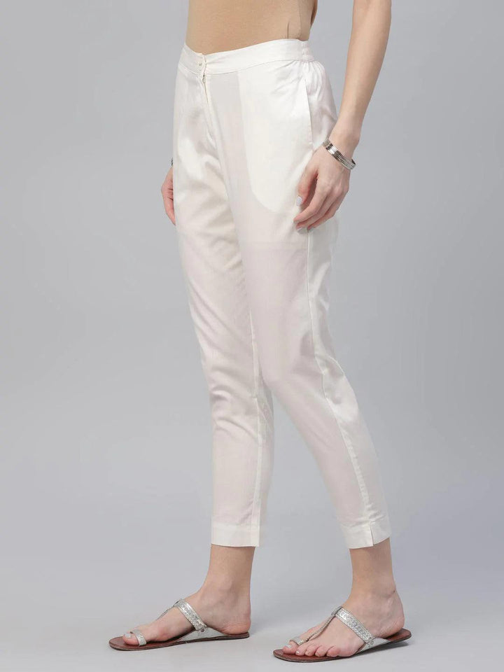 Cream Solid Cotton Trousers