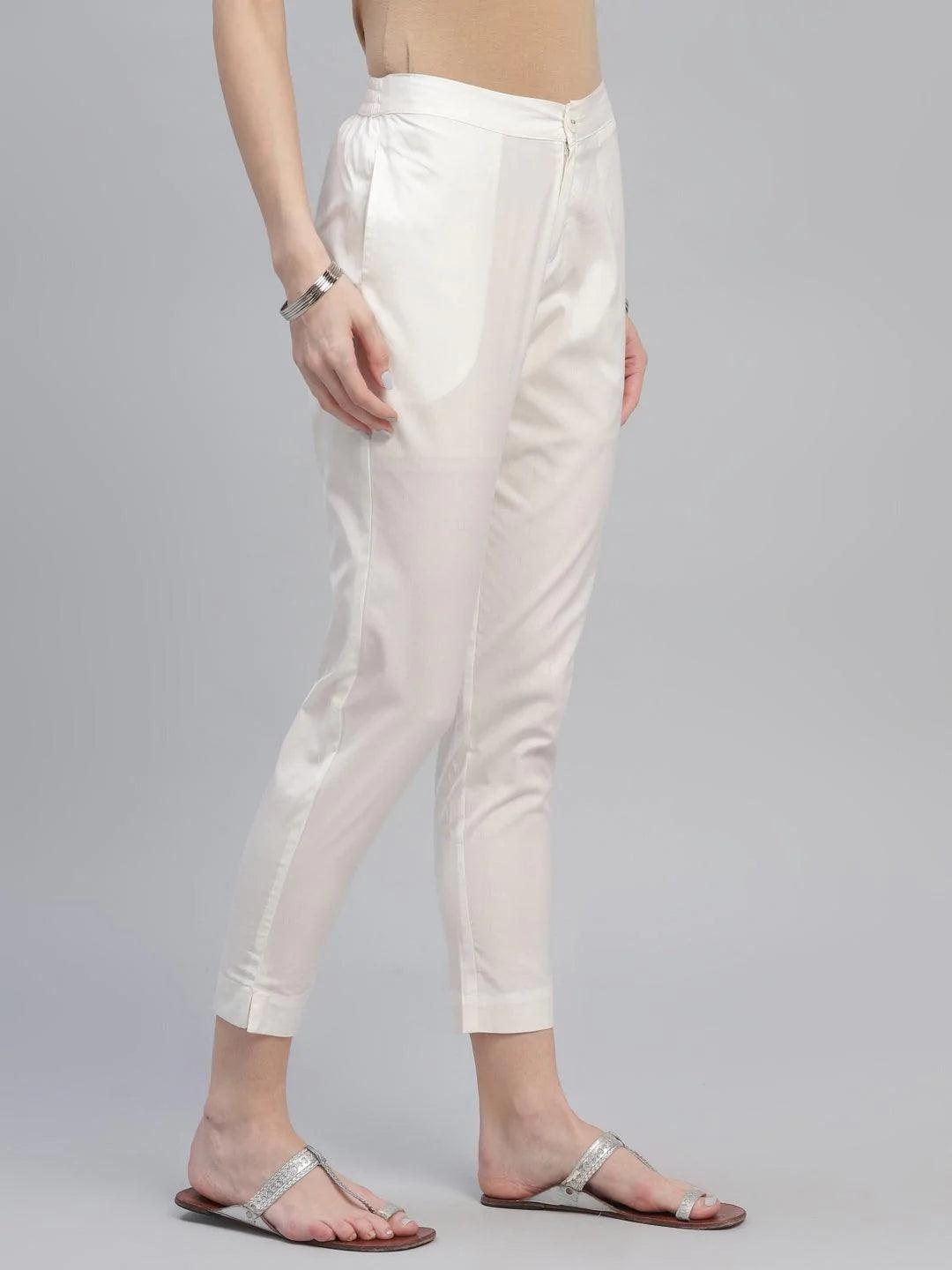 Cream Solid Cotton Trousers - ShopLibas