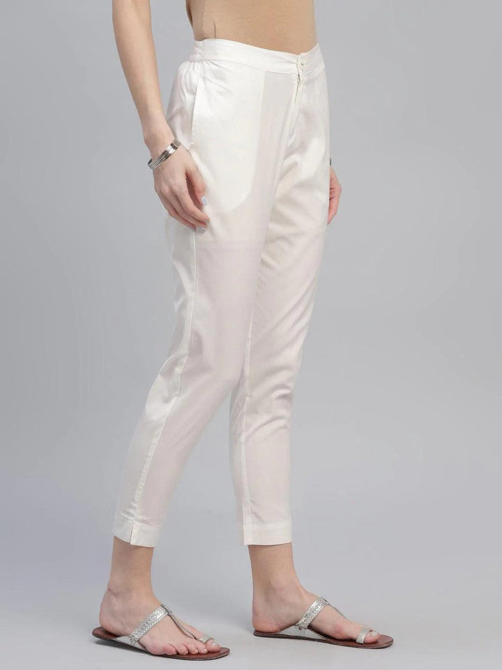Cream Solid Cotton Trousers