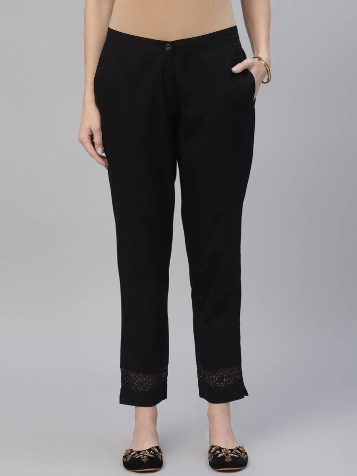 Black Solid Cotton Trousers