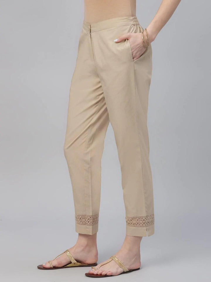 Beige Solid Cotton Trousers