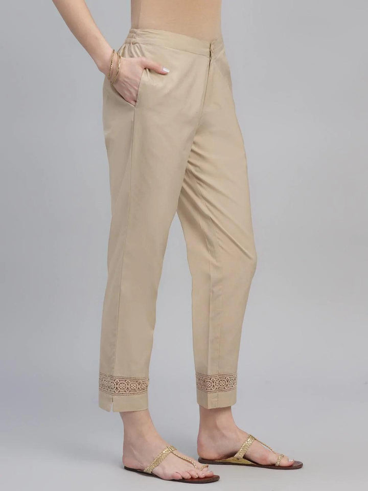 Beige Solid Cotton Trousers